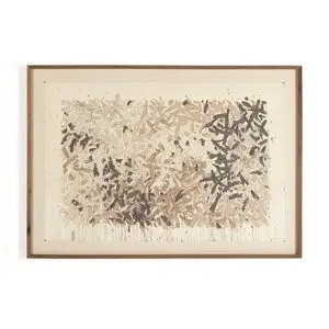 Abstract-expressionist painting with layered neutral tones and thick textured brushstrokes, framed in natural wood