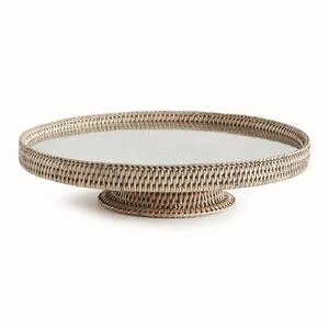 Burma Rattan Serving Stand with tight woven rattan and graywash finish on elevated circular base