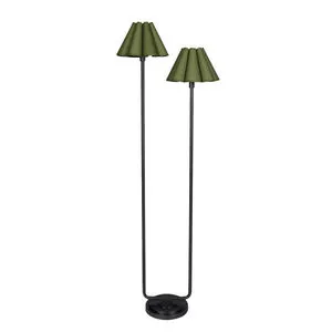 Tall floor lamp with two green scalloped fabric shades and a black asymmetrical metal base
