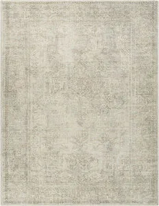 Margot Dusty Sage machine woven vintage style rug with a subtle traditional pattern in soft muted green and beige tones