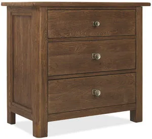 Driftwood three-drawer nightstand in worn saddle with smooth-closing drawers and metal round knobs