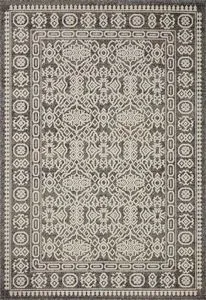 Rectangular indoor/outdoor ivory rug with gray intricate geometric and floral patterns and multiple borders