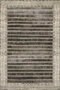 Mika Charcoal / Ivory Rug with dark charcoal horizontal stripes and textured tribal-inspired ivory border