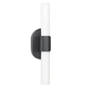 Dixon Double Sconce with two cylindrical opal white glass covers and black metal oval backplate installed vertically