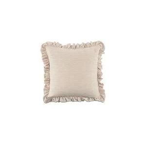 Square Betty Cushion with soft ruffled edge and linen-blend fabric in light neutral tones, with subtle horizontal stripes