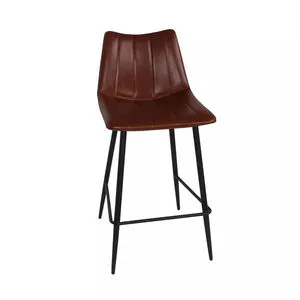 Contemporary counter stool with brown faux leather seat featuring vertical stitch details and black metal legs
