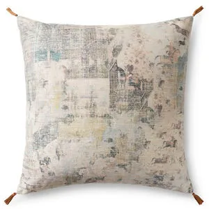 Chelsea Beige / Multi Pillow with beige base and muted multi-colored abstract pattern, square shape 18 by 18 inches, tasse...