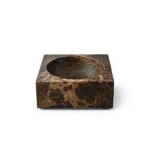 Square bowl with a deep round center, crafted from rich brown marble with warm veining and polished surface