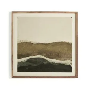Muted abstract painting of sloping countryside in beige, olive, and dark green tones, framed in natural wood