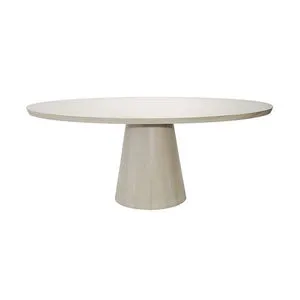 Oval dining table with a light wood finish and a single wide cylindrical pedestal base