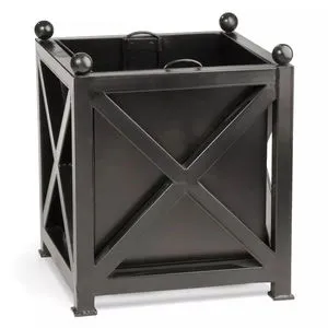 Square black metal Paris Planter with powder-coated finish, X-pattern sides, and ball finials on each corner post