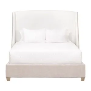 Sloan Cal King Bed with white upholstered high wingback headboard and bisque fabric frame and footboard