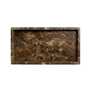 Rectangular Brown Emperador marble tray with rich warm veining and raised edges, flat surface