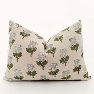 neutral linen pillow cover with green and white wild flower block print pattern