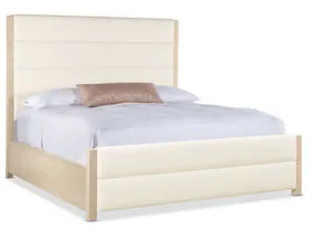 Westwood Queen Upholstered Bed with horizontal fabric channel design in Trendy Snow fabric and polished limestone oak frame