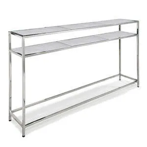 Echelon console table with slim polished nickel iron frame and two white marble slab shelves in symmetrical design