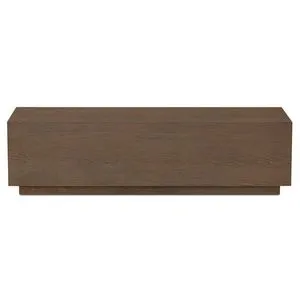 Long rectangular Sawyer Coffee Table in oak finish with recessed base and a minimal silhouette