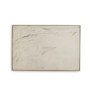Abstract expressionist painting with light cream background and subtle black and gray pencil-like marks, framed in thin wood