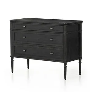 Distressed black oak veneer chest with slim solid oak legs and varied-sized drawers in antique European style