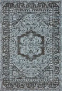 Traditional rug with vintage Turkish Oushak motifs in charcoal and sky blue, measuring 2'3" x 3'10"