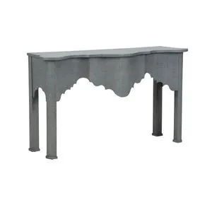 Kensington Console table in gray woven raffia, scalloped apron, straight legs, curved top edge