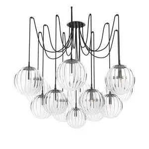 Spider Chandelier with clear glass spheres suspended at varying lengths on black cords from an almost black brass frame