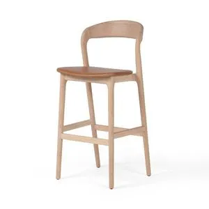 Amare Stool with Sonoma butterscotch wood frame and smooth top-grain leather seat, sculptural curved backrest
