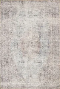 Loren Silver Slate Rug with faded vintage floral medallion pattern in neutral beige, gray, and blue tones
