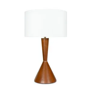Denver Leather Table Lamp with tapered brown leather base and white drum shade
