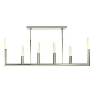 Wolfe Linear Chandelier with six cylindrical bulbs on a polished metal horizontal frame suspended by two vertical rods