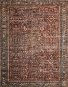 Vintage style Layla Brick / Blue Rug with traditional ornate pattern and a subtle blue border