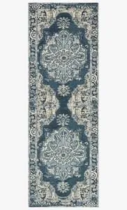 Long narrow runner style with two large medallions and repeating border pattern, same dark blue and beige color scheme