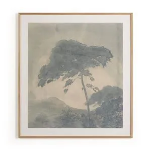 Framed vertical grain white oak painting featuring a silhouette of a tree against a muted sky background