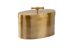 Buttercup Brass Box with scalloped edge, warm antique brass finish, bamboo-inspired handle, and removable lid
