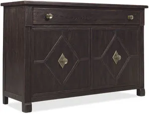 Burnt Timber Driftwood Hall Chest with diamond-patterned doors, self-closing drawer, brass knobs, and a fixed shelf.