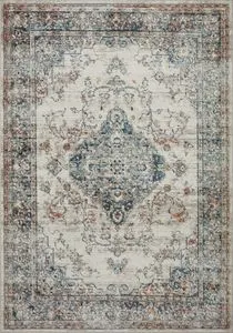 Bianca Ivory / Ocean Rug with vintage style medallion pattern in muted ivory, blue, and rust tones
