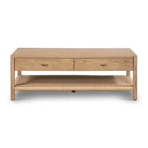 Zuma Coffee Table in solid ash wood with dual drawers and woven paper cord open shelving