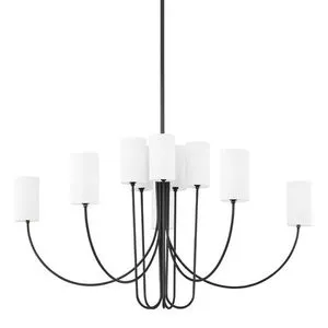 Harlem 10 Light Chandelier with black steel frame and ten white cylindrical glass shades