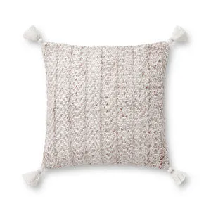 Square 18x18 blush and natural woven pillow with a chevron pattern and tassels on each corner
