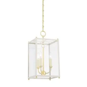 Chaselton 3-Light Off-White Lantern pendant with clear glass panels, aged brass frame and curved candle arms with cream ca...