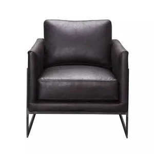 Luxe Club Chair in black top-grain leather with square cushioned seat and back on thin metal cantilever frame