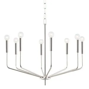 Bailey 8 Light Chandelier with steel frame, eight arms each topped by a round bulb, modern classic design, chrome finish