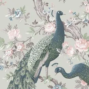 Close-up of a standing peacock and detailed floral elements on sage green wallpaper