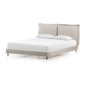 Inwood Merino Porcelain Polyester King Bed with oversized cushioned headboard and low-profile fabric frame in beige porcel...