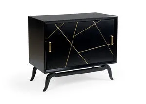Black Sinatra Drinks Cabinet with polished brass inlay and hardware, standing on curved legs