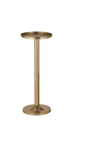 Gold steel ice bucket stand with round raised tray top and circular base with a polished finish