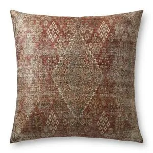 Square woven floor pillow with subtle red and multi-color geometric pattern and textured fabric