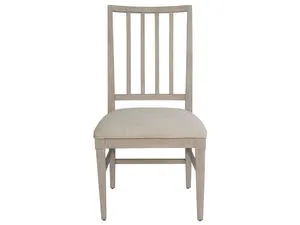 Splat Back Side Chair set of 2 with light wood frame and beige upholstered seat, vertical rod open back design