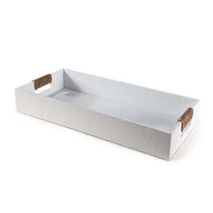 Rectangular tray with white textured body and rope-wrapped handles on both ends