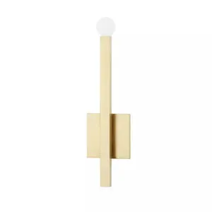 Dona 1 Light Wall Sconce in brushed gold finish with a vertical rectangular bar and frosted globe bulb on top